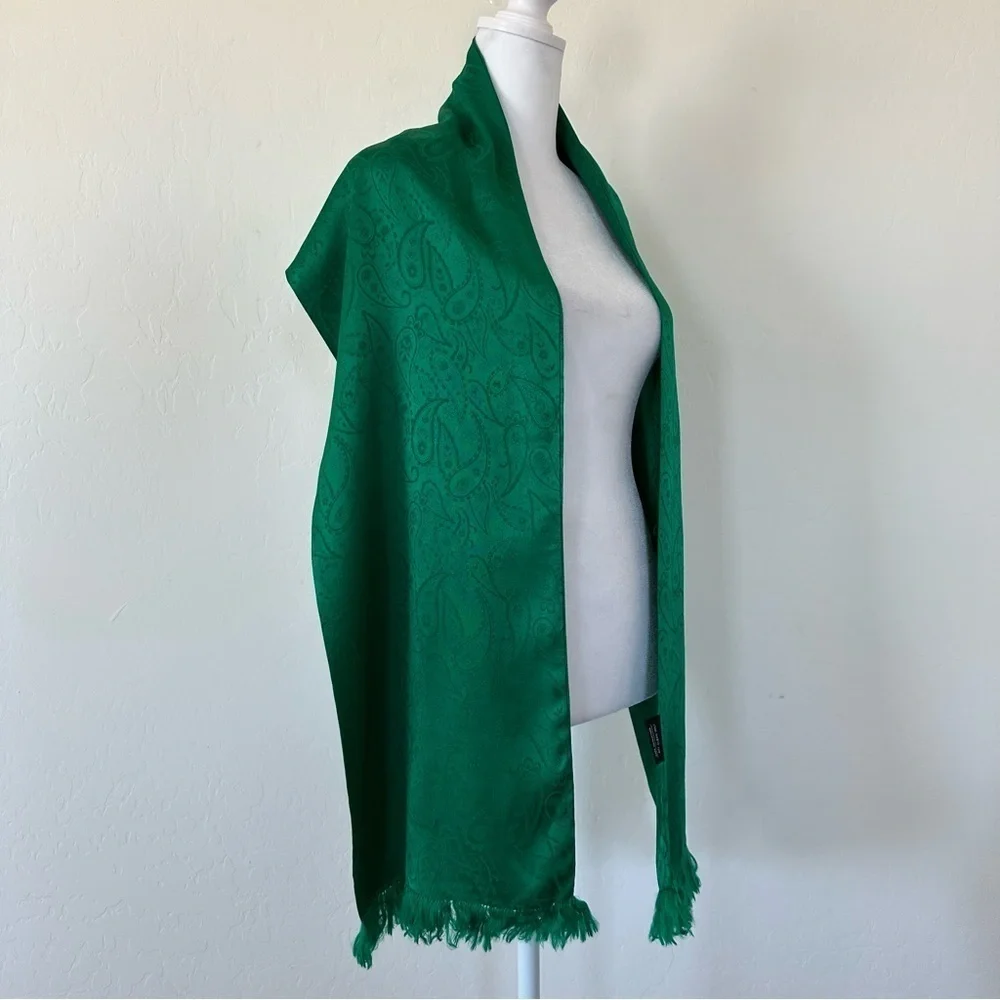 Vintage Specialty House Green Paisley Fringe 100% Silk Scarf